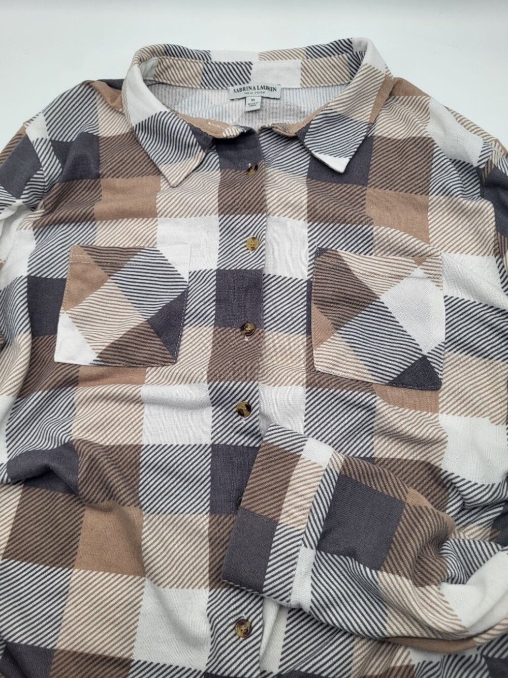 Sabrina Lauren NY Womens XL Plaid Button Down Shirt Shacket Soft Cozy Neutral - Picture 7 of 7